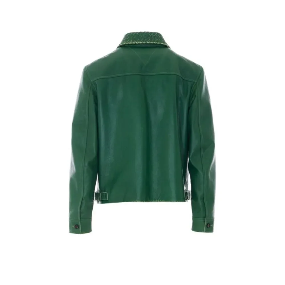Bottega Veneta Men Leather Jacket With Intrecciato Collar